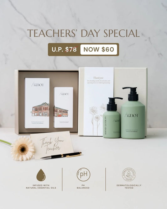 A skincare gift set from fadoi on a light marble background with promotional text reading 'TEACHERS' DAY SPECIAL' and a price badge. The set includes two sage green pump bottles, a matching gift box with cards, and a small card with a flower and pen.